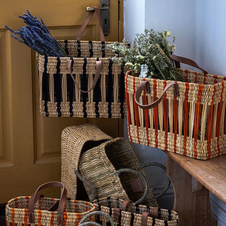 Decorative Reed Basket in Indigo Stripe