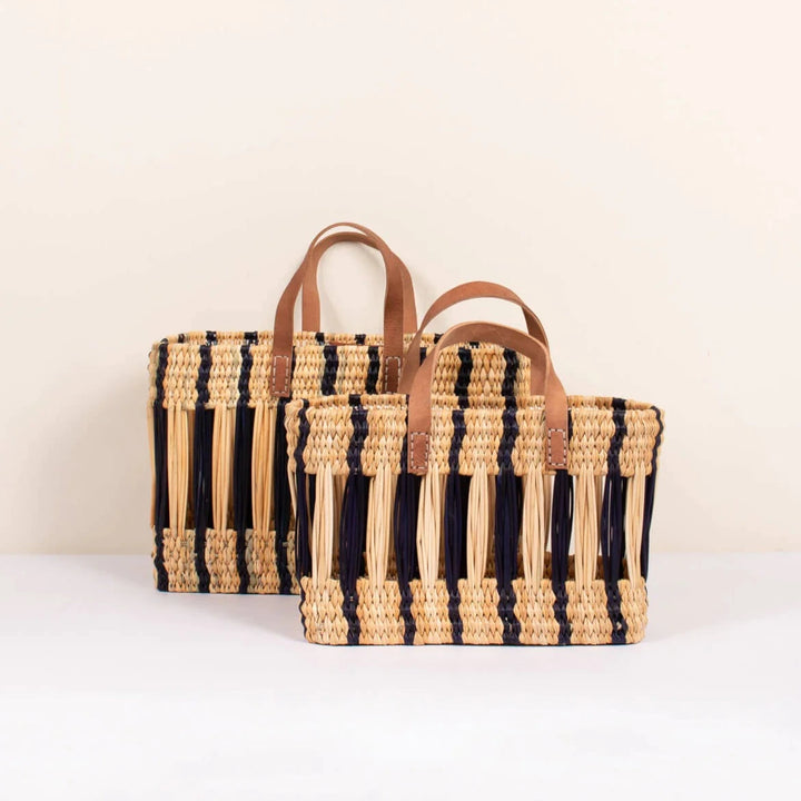 Decorative Reed Basket in Indigo Stripe