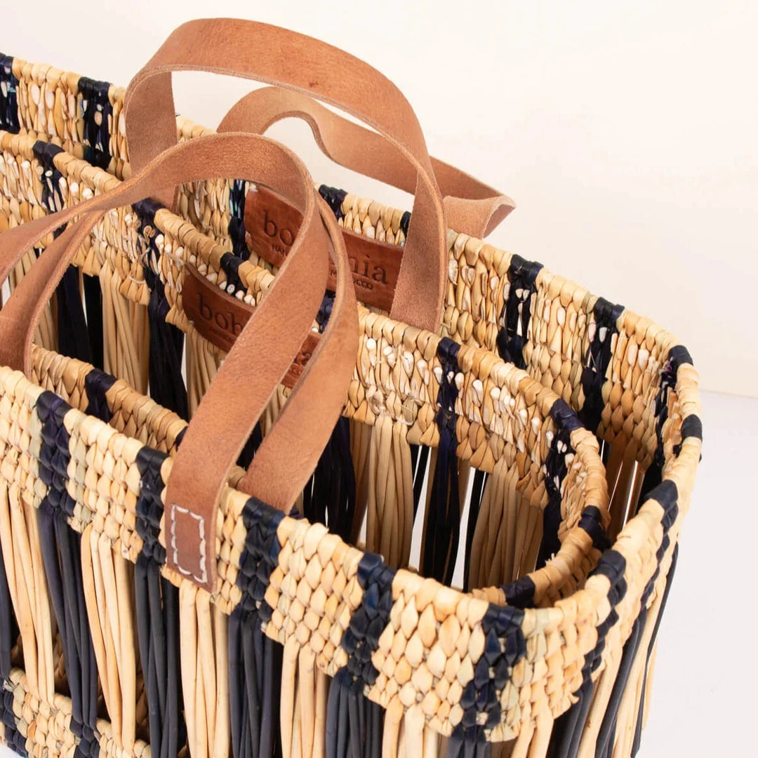 Decorative Reed Basket in Indigo Stripe