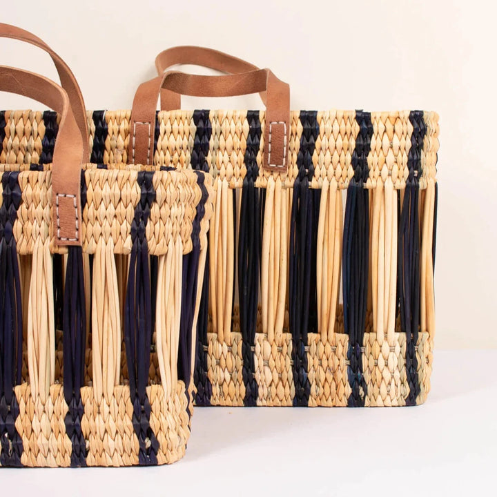 Decorative Reed Basket in Indigo Stripe