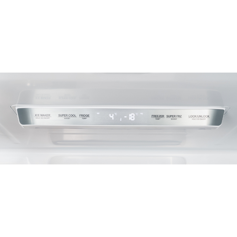 Digital temperature control panel on a fridge freezer with labeled settings.