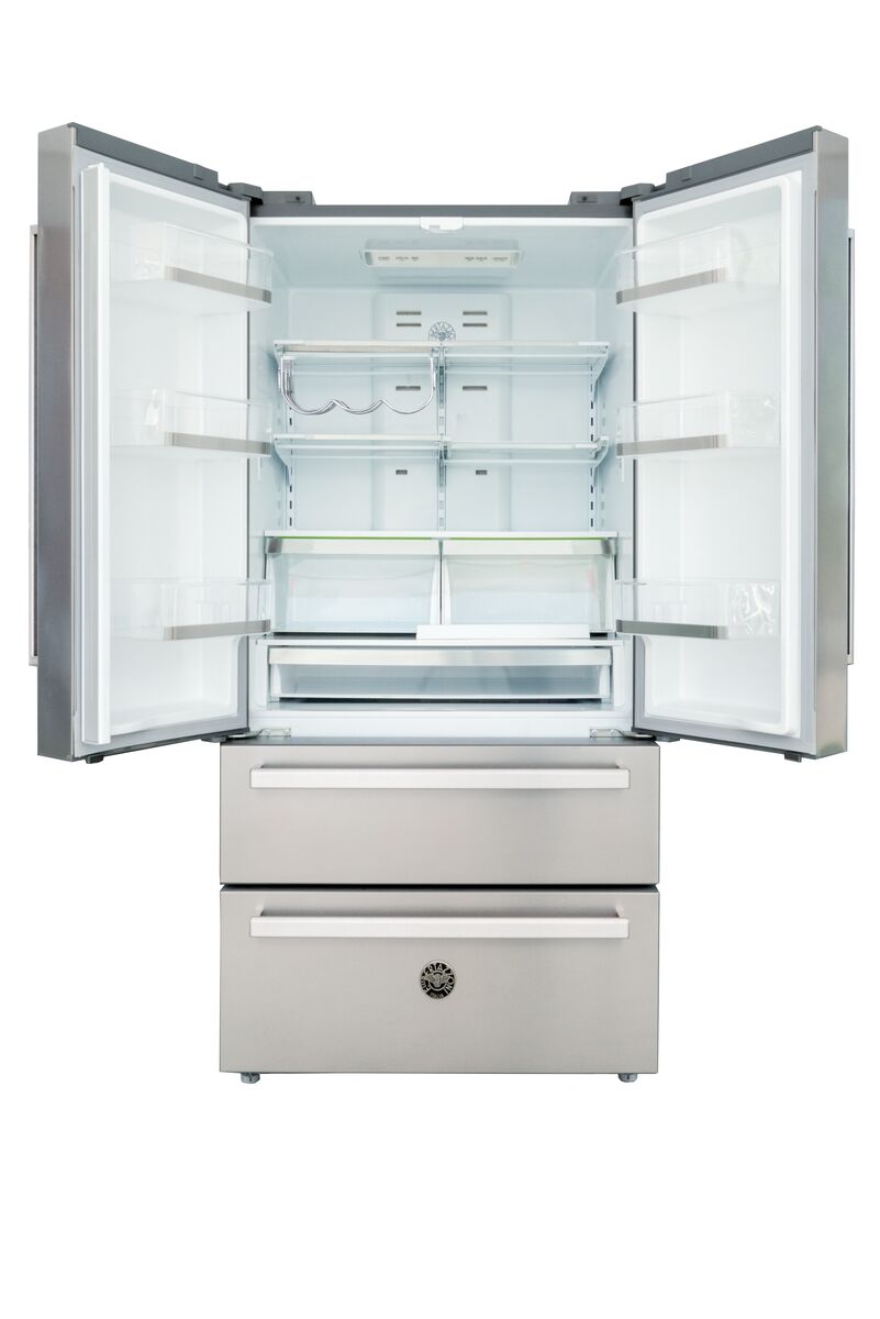 bertazzoni professional series 90cm french door refrigerator with the doors open in front of a white background