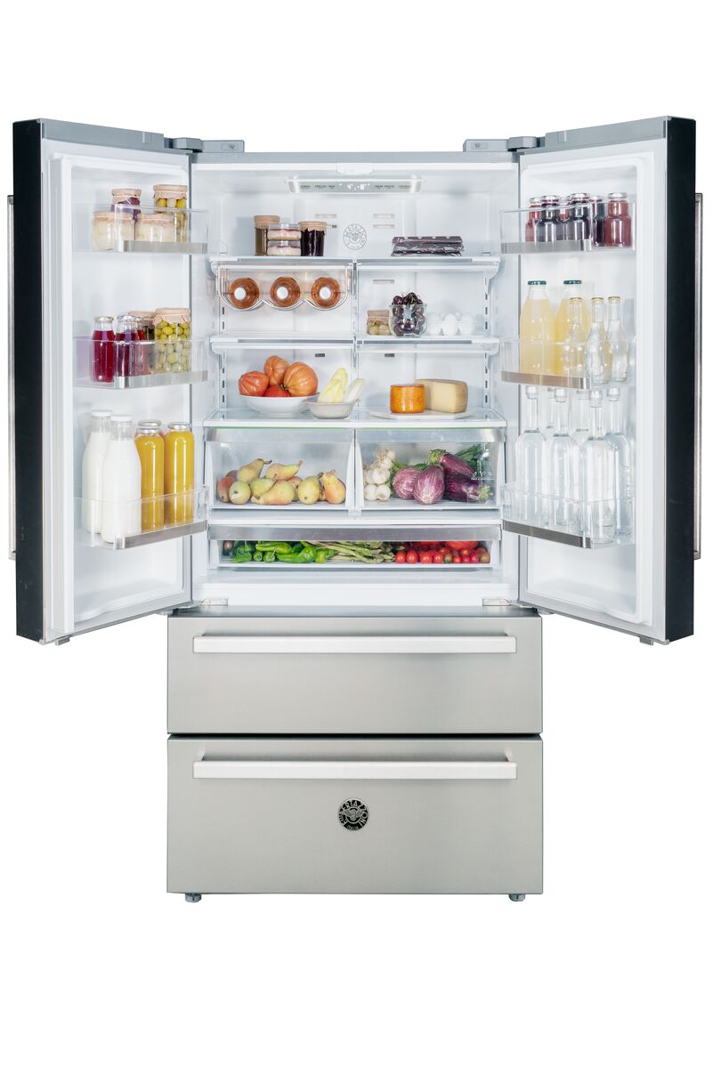 Bertazzoni 90cm french door refrigerator with the doors open and stocked with food and drinks  