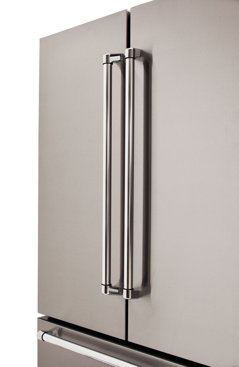 side of of 90cm bertazzoni french door refrigerator showcasing the handles of the fridge doors