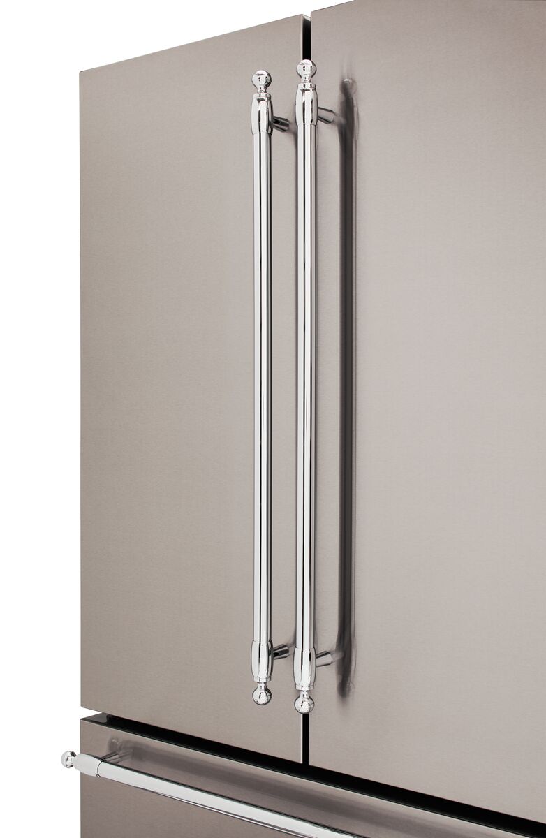 Bertazzoni french door refrigerator closeup of handles and double french doors.
