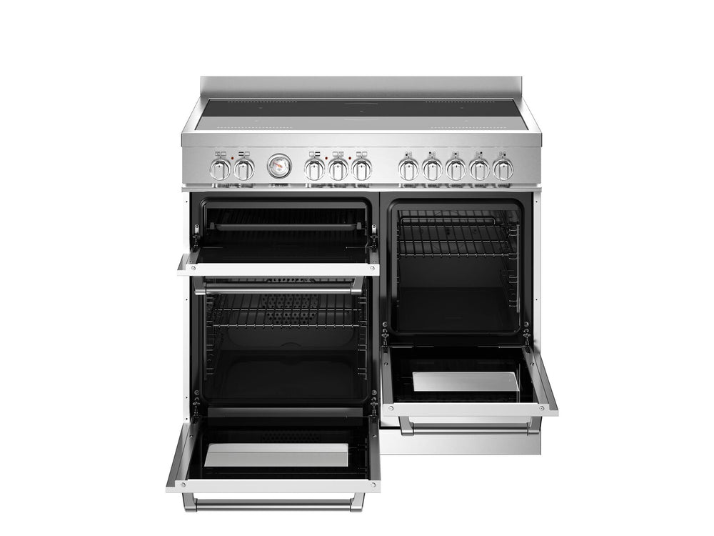 Bertazzoni master series 100cm range cooker with induction top and all oven doors open