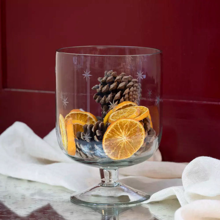 Glass Footed Candleholder with Etched Stars