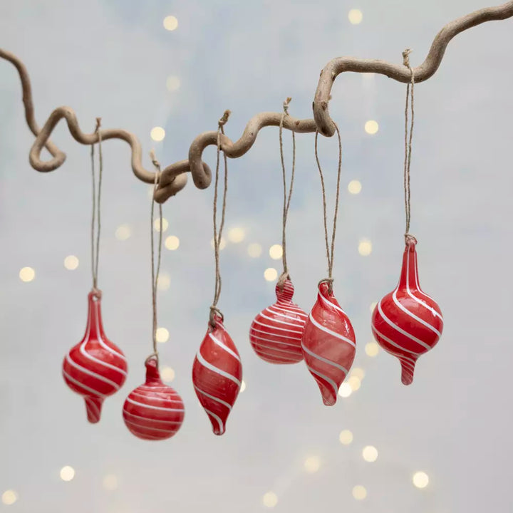 Red & White Swirl Glass Hanging Decorations