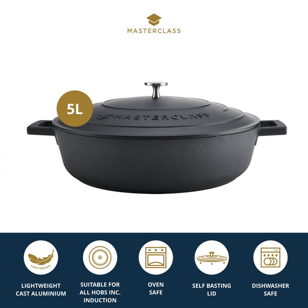 Cast Aluminium Black Shallow Casserole Dish | 5L Capacity