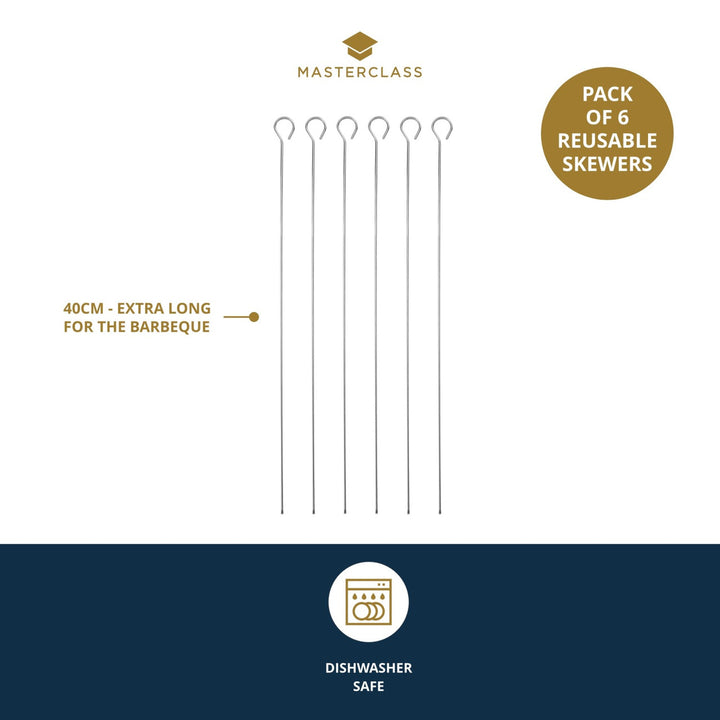 Set of 6 Stainless Steel Flat Sided 40cm Skewers