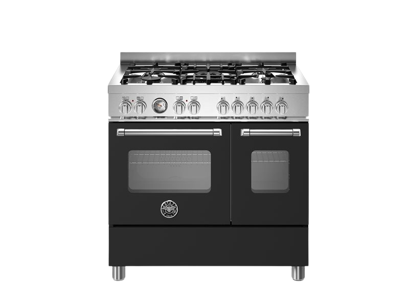 Black stove with silver accents on a white background