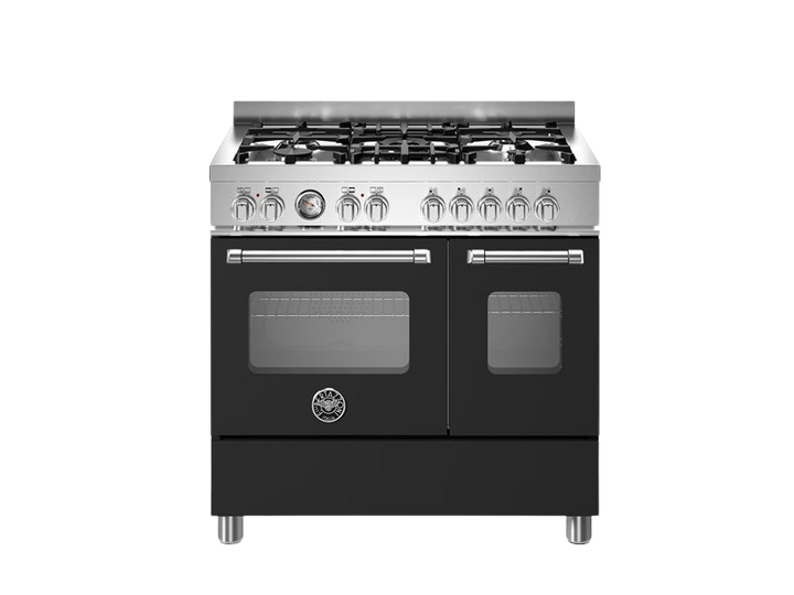 Black stove with silver accents on a white background