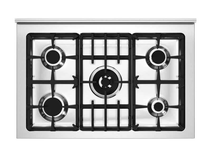 Stainless steel gas cooktop with four burners on a white background