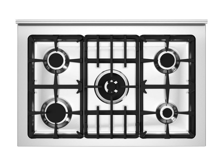 Stainless steel gas cooktop with four burners on a white background