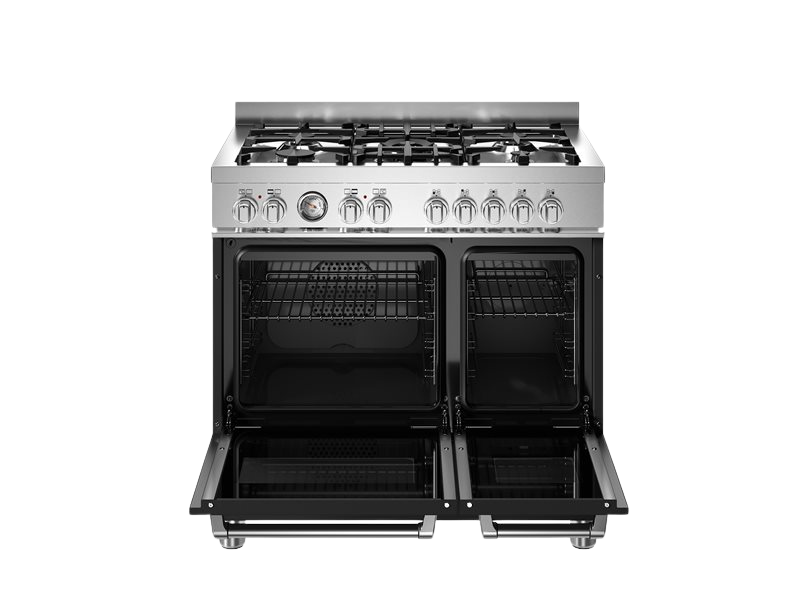 Stainless steel gas range with open doors on a white background
