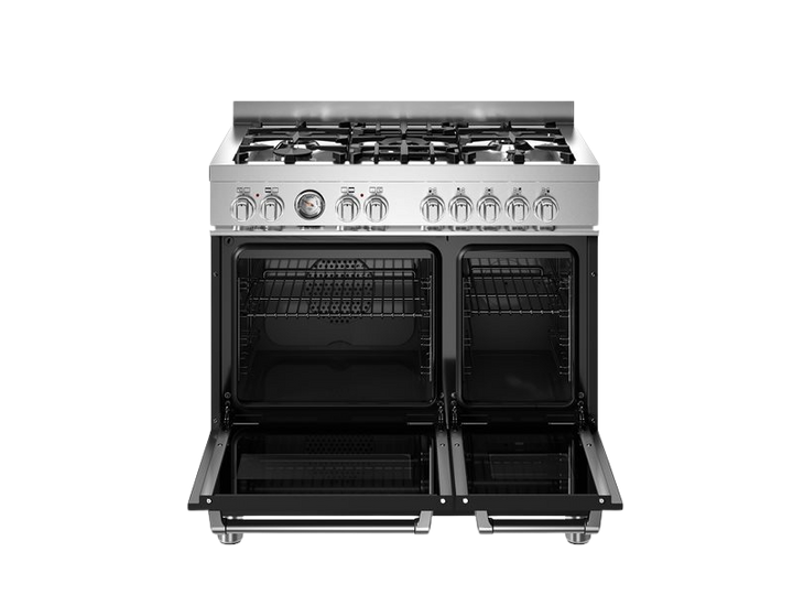 Stainless steel gas range with open doors on a white background