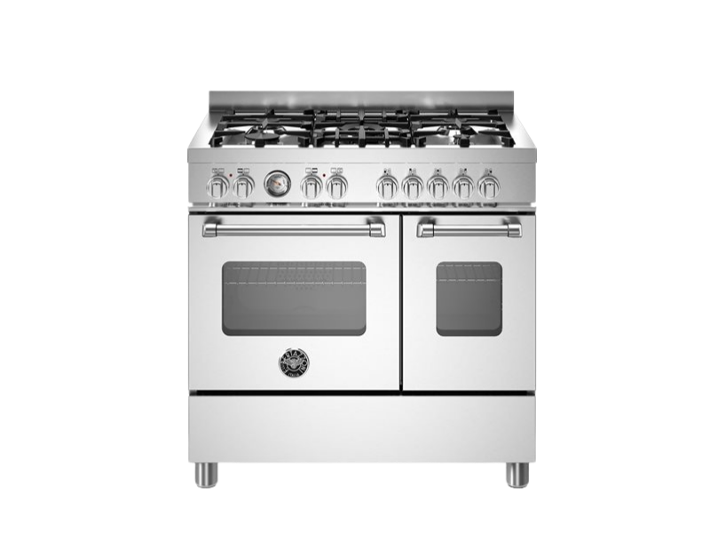 White stove with gas cooktop on a white background