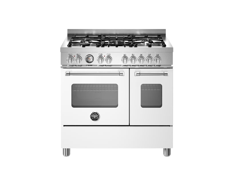 White kitchen stove with gas cooktop on a white background