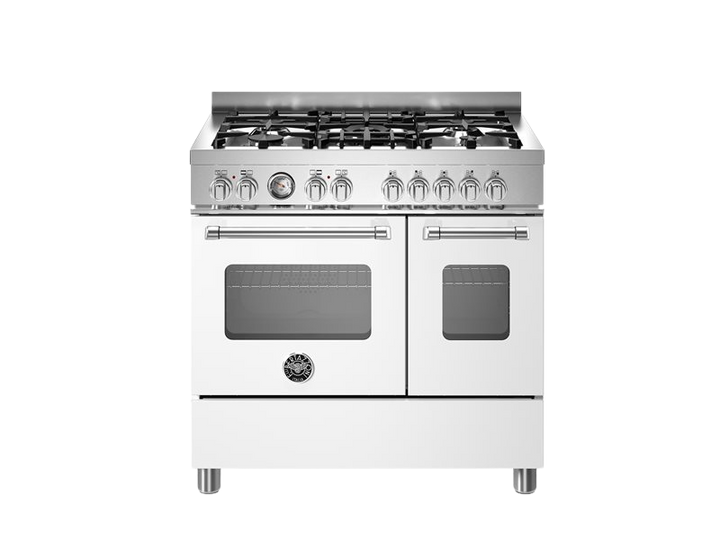 White kitchen stove with gas cooktop on a white background