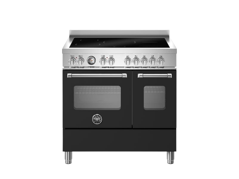 Black and silver oven with stovetop on a white background