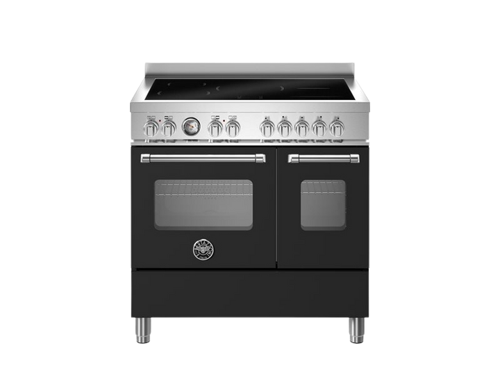 Black and silver oven with stovetop on a white background