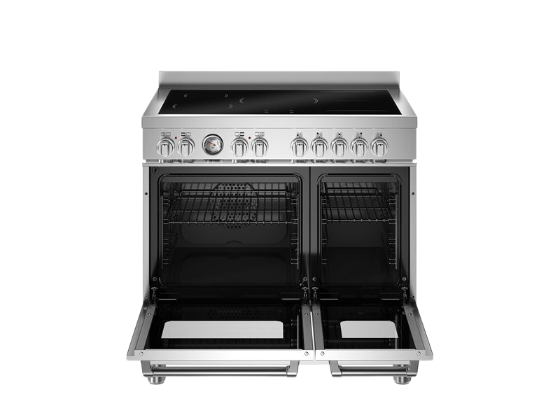 Stainless steel electric range with open doors on a white background
