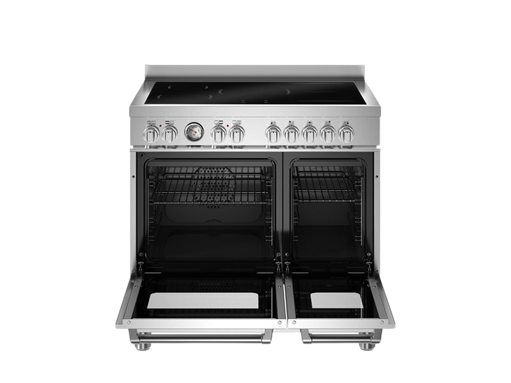 Stainless steel electric range with open doors on a white background