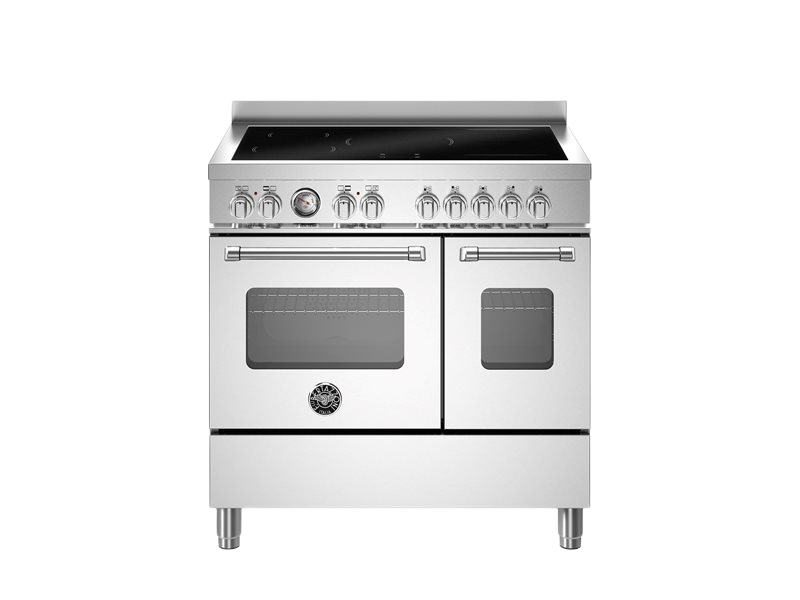 Stainless steel kitchen range with double oven on a white background