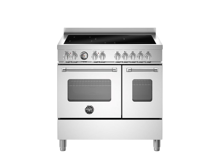 Stainless steel kitchen range with double oven on a white background