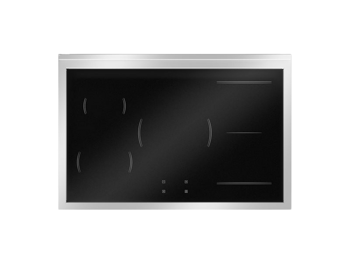 Stainless steel electric cooktop with black glass surface on a white background
