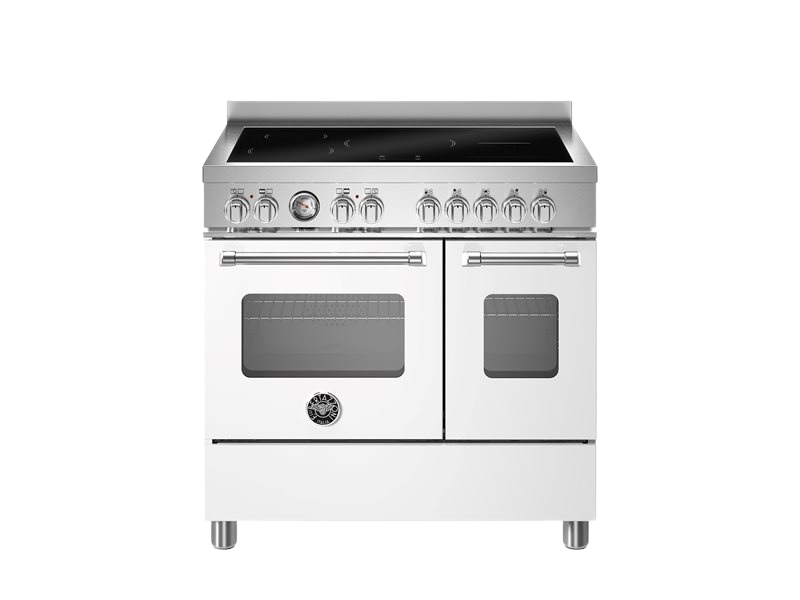 Stainless steel kitchen stove with induction cooktop on a white background