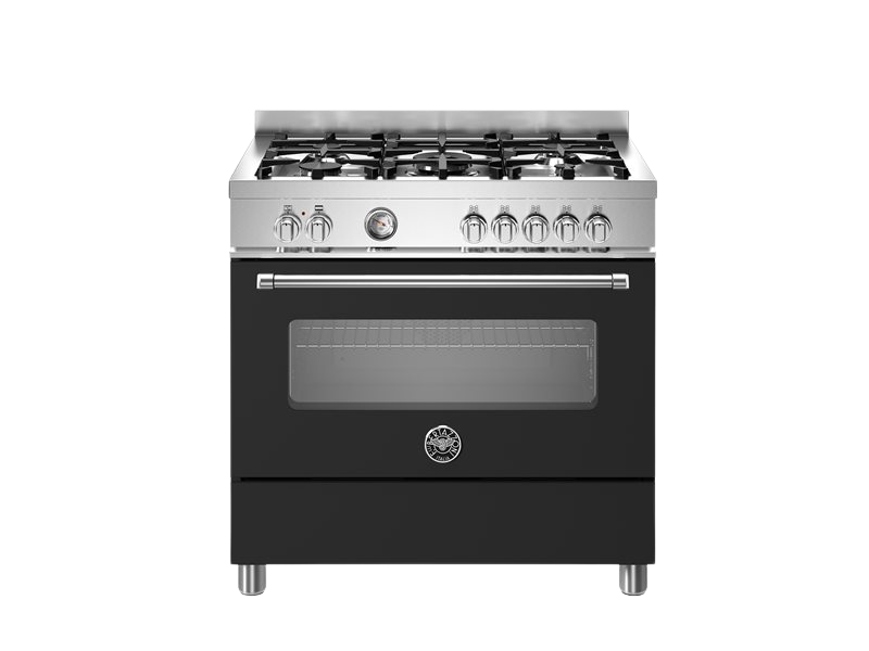 Black stove with silver accents on a white background