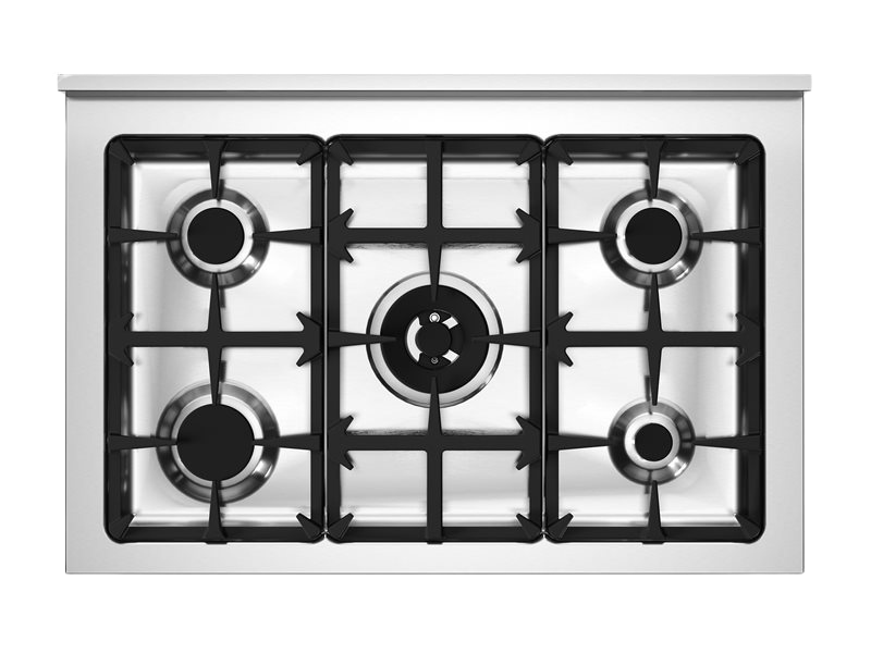 Stainless steel gas cooktop with four burners on a white background