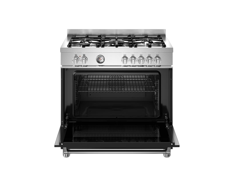 Stainless steel gas range with open oven door on a white background