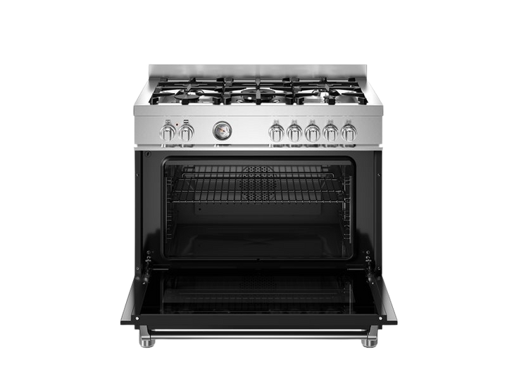 Stainless steel gas range with open oven door on a white background