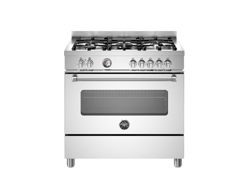 stainless steel stove with gas cooktop on a white background