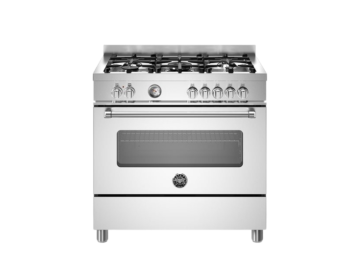 stainless steel stove with gas cooktop on a white background