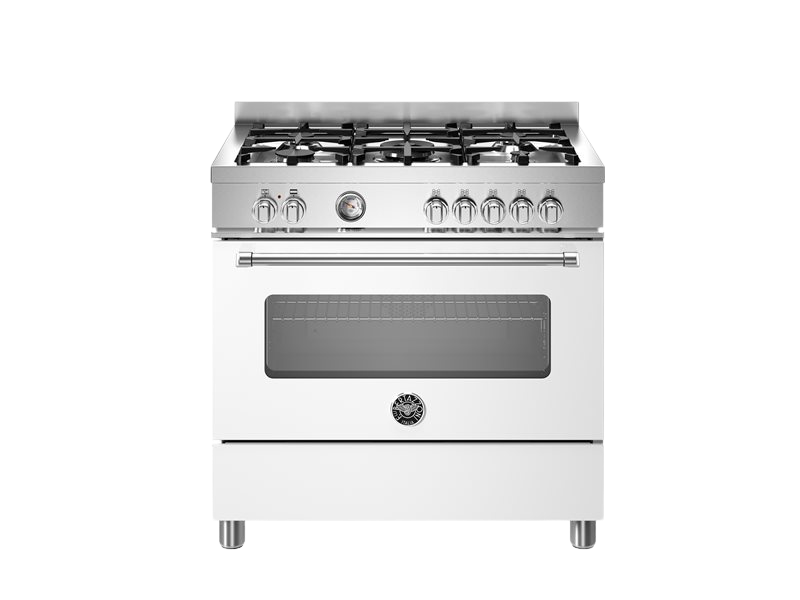 White stove with gas cooktop on a white background