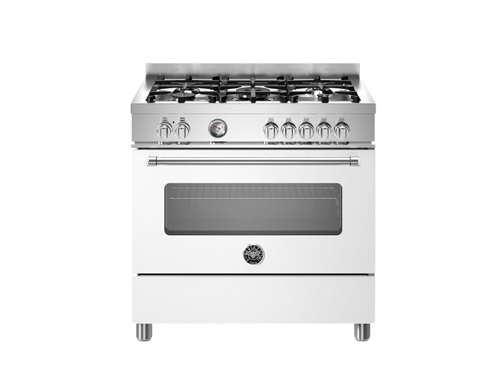 White stove with gas cooktop on a white background