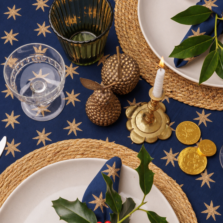 PRE-ORDER: Gold Star Block Print Tablecloth in Twilight Blue