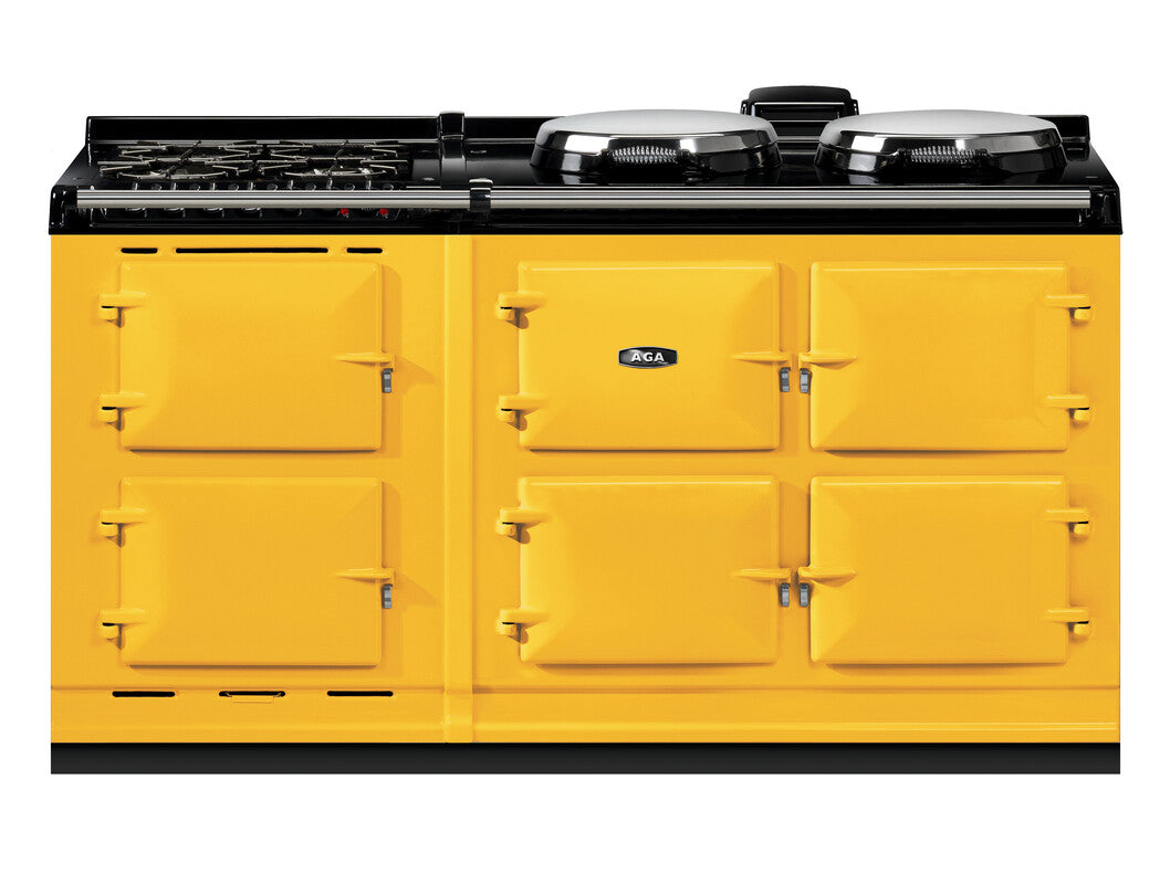 Mustard Aga ER7 160cm range cooker with black cooktop on a white background