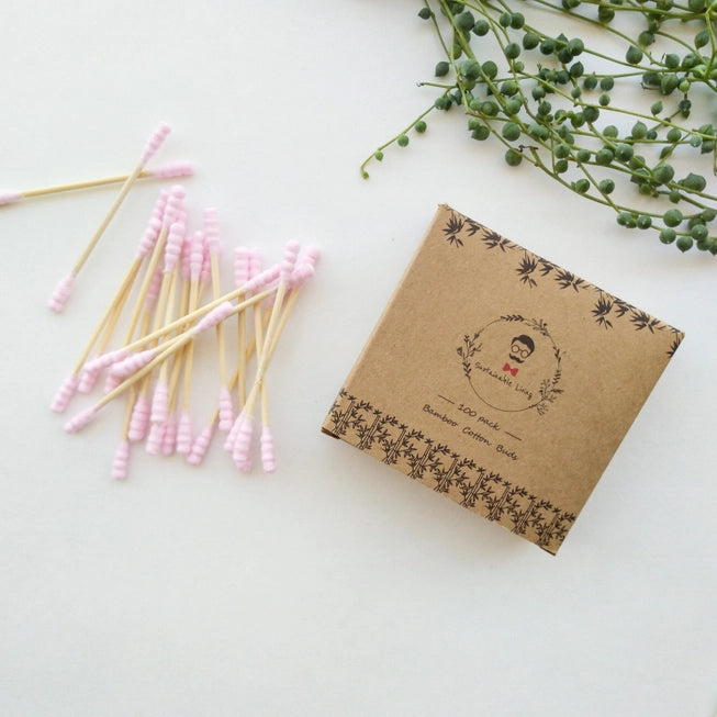 100 Organic Bamboo Cotton Buds - Pink Tip