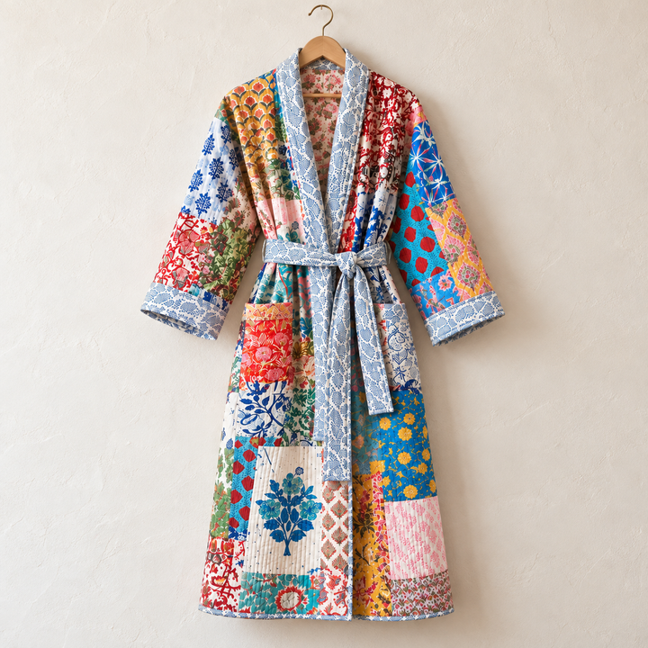 Boho Pastel Patchwork Quilted Long Robe