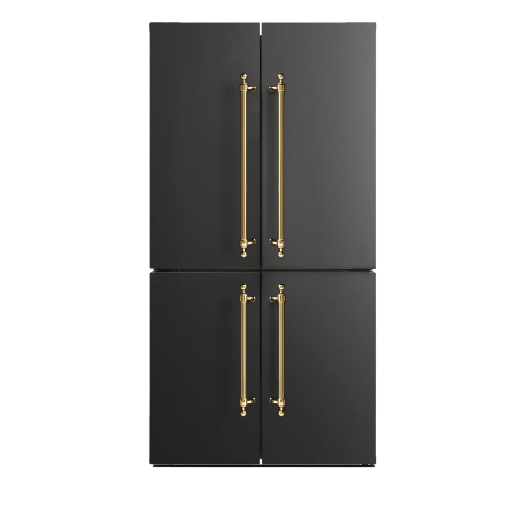 A black ilve door refrigerator with two doors and long vertical gold handles, shown against a plain white background.
