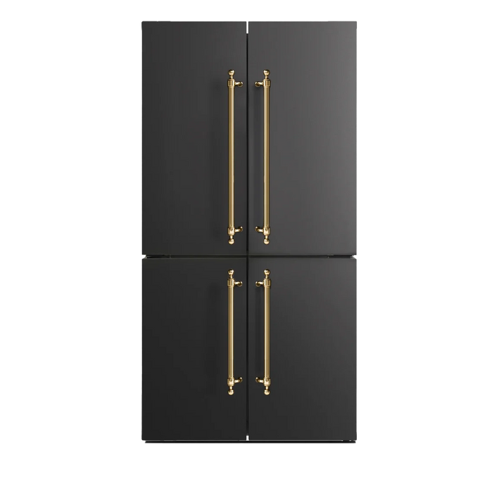 A black ilve door refrigerator with two doors and long vertical gold handles, shown against a plain white background.