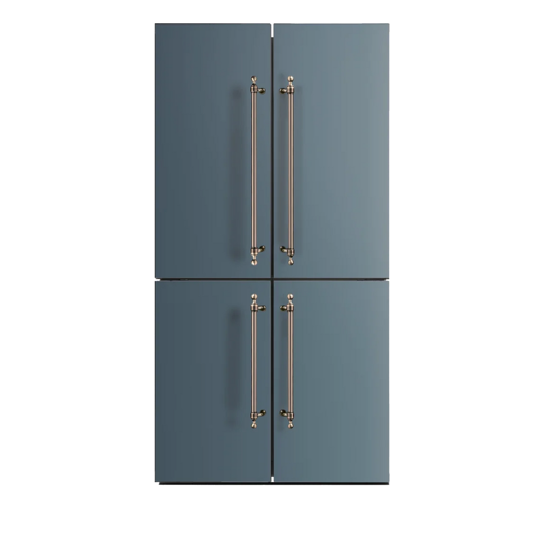 A modern ILVE cross door refrigerator with two upper doors and two lower storage doors in a muted slate blue finish, featuring tall vertical handles with a brushed gold finish.