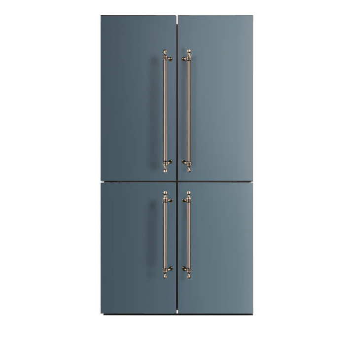 A modern ILVE cross door refrigerator with two upper doors and two lower storage doors in a muted slate blue finish, featuring tall vertical handles with a brushed gold finish.