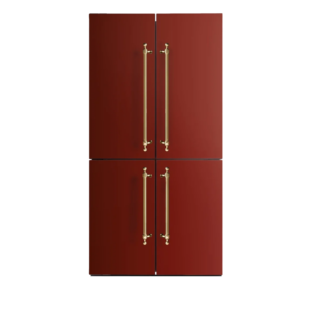 A modern ilve cross door refrigerator with a deep red finish and vertical gold handles, shown against a plain white background.