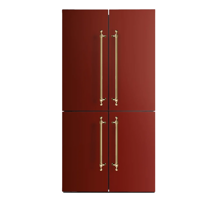 A modern ilve cross door refrigerator with a deep red finish and vertical gold handles, shown against a plain white background.