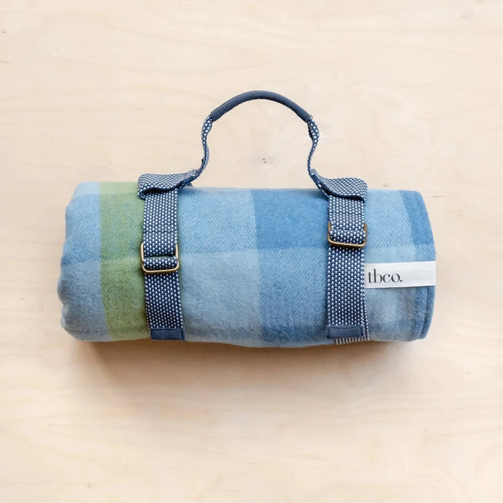 Wool Picnic Blanket in Blue with Carrier
